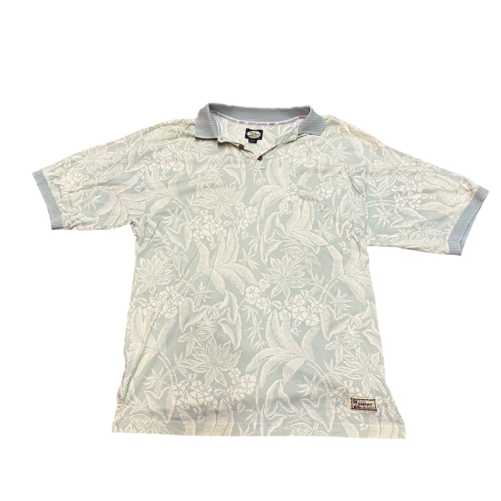 Tommy Bahama Relax Mens L Sage Green Tropical Floral Palm Cotton Polo Shirt